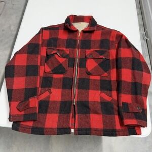 Vintage 50s Sears Sportswear Buffalo Plaid Wool Jacket Red Black Zip L Mens Coat